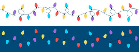 Christmas lights. Garland with colored bulbs on a white and blue background. Christmas and New Year decorations. Flat style. Vectorのイラスト素材