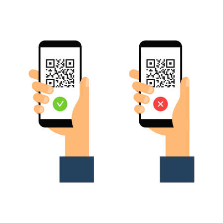 Hands hold smartphone with vaccine passport. Green immunity certificate. Health passport on digital screen with qr code. Flat style. Vector illustrationのイラスト素材