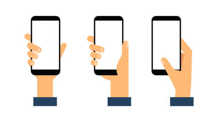 Smartphone in hand. Hands holding smartphone with blank white screen. Flat style. Vector illustrationのイラスト素材