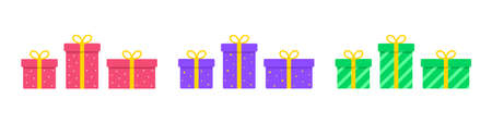 Gifts. A set of gift boxes wrapped in paper and tied with a ribbon. Presents for birthday or any other celebration. Flat style. Vector illustrationのイラスト素材