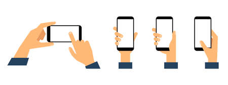Smartphone in hand. Hands holding smartphone with blank white screen. Flat style. Vector illustrationのイラスト素材