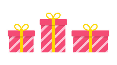 Gifts. A set of gift boxes wrapped in paper and tied with a ribbon. Presents for birthday or any other celebration. Flat style. Vector illustrationのイラスト素材