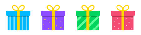 Gifts. A set of gift boxes wrapped in paper and tied with a ribbon. Presents for birthday or any other celebration. Flat style. Vector illustrationのイラスト素材