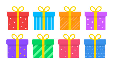 Gifts. A set of gift boxes wrapped in paper and tied with a ribbon. Presents for birthday or any other celebration. Flat style. Vector illustrationのイラスト素材