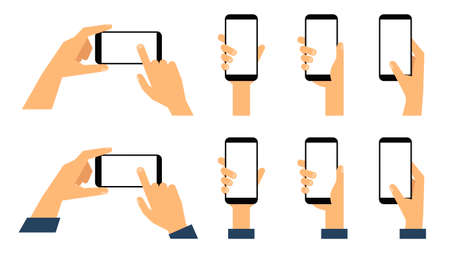 Smartphone in hand. Hands holding smartphone with blank white screen. Flat style. Vector illustrationのイラスト素材