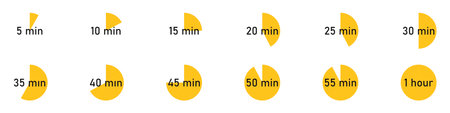 Timer and stopwatch with different minutes. Measurement of time. Vector illustration