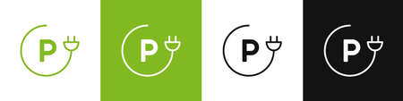 Parking sign for green vehicle charge. Electric car charging station icons set. Vector illustrationのイラスト素材