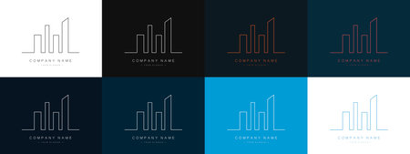 Construction and buildings logos set. Business sign templates for Real Estate, brokerage, building & renovation businesses. Modern linear style. Company Vector illustrationのイラスト素材