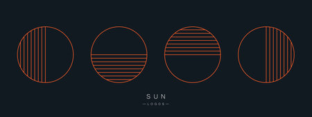 Set of linear sun logos. Daylight source. Modern minimalistic style. Vector illustrationのイラスト素材