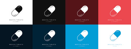 Medical pills or capsules icons set. Medicine for the treatment. Vitamin, antibiotic, or pain reliever. Vector illustrationのイラスト素材