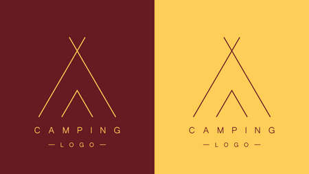 Linear logos of camp tents. Outdoor adventure. Wanderlust. Camping or camp concept. Modern minimalistic style. Vector illustrationのイラスト素材