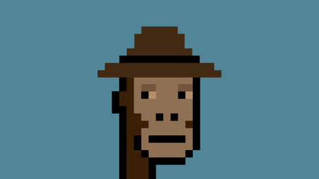 NFT picture. Monkey with fedora hat. Cryptopunk 6965. Pixel style. Vector illustrationのイラスト素材
