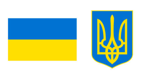 Flag and coat of arms of Ukraine. Yellow-blue flag and trident. National symbols of Ukraine. Vector illustrationのイラスト素材