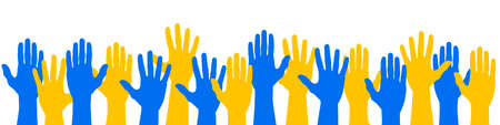 Hands in the colors of the Ukrainian flag. No war. Patriotism. Vector illustrationのイラスト素材