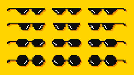 Pixel glasses. Meme. Bandit hit points. 8-bit. Video game style. Vector illustrationのイラスト素材