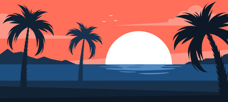 Summer tropical beach. Sunset on the sea or ocean. The concept of summer, vacation or travel. Vector illustrationのイラスト素材