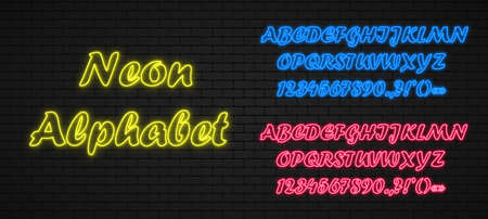 Neon font. Glowing letters and numbers. Vector illustrationのイラスト素材