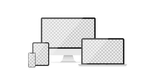 Mockup of realistic devices. Transparent screen. Screen of computer, laptop, tablet and smartphone. Vector illustrationのイラスト素材