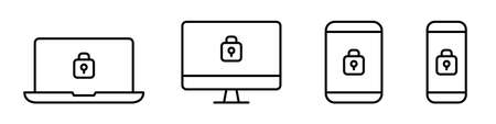 Cyber security icons. Data protection for computers, laptops, tablets and smartphones. Vector illustrationのイラスト素材