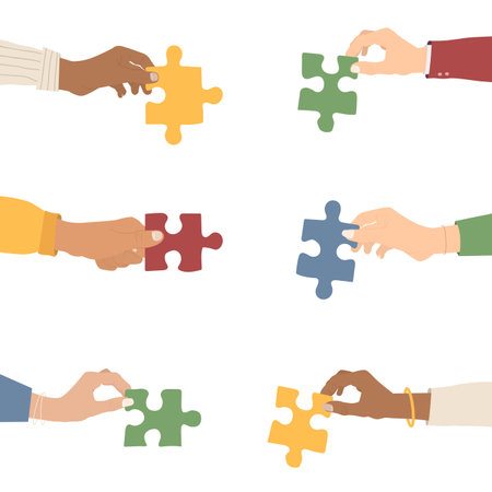 teamwork. Multi-ethnic group holding puzzles. The concept of cooperation and partnership. flat style. vector illustrationのイラスト素材