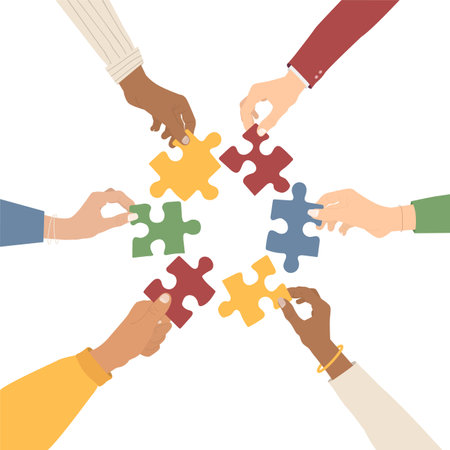 teamwork. Multi-ethnic group holding puzzles. The concept of cooperation and partnership. flat style. vector illustrationのイラスト素材