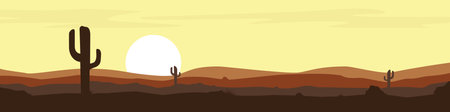 Desert landscape. Sunset in the desert with mountains and cactus. Cartoon style. Vector illustrationのイラスト素材