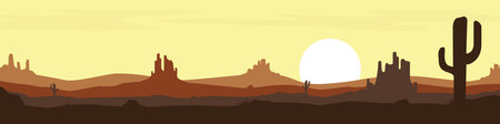 Desert landscape. Sunset in the desert with mountains and cactus. Cartoon style. Vector illustrationのイラスト素材