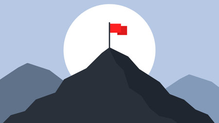 mountaintop goal. Way to success. Challenges in business and career. Red flag on the mountain. vector illustration.のイラスト素材