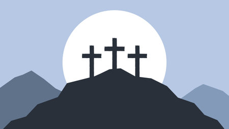 Three crosses on Golgotha. Easter. Crucifixion and resurrection of Jesus Christ. vector illustrationのイラスト素材