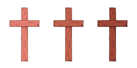 Set of wooden Christian crosses. Religious symbol of faith in Jesus Christ. Cartoon style. Vector illustrationのイラスト素材