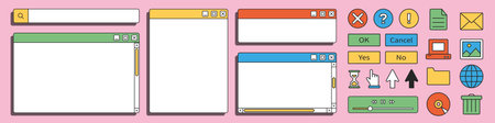 PC user interface from the 90s. Retro style. Nostalgic icons and windows. Old design. Vector illustrationのイラスト素材