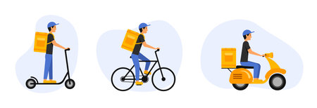 Delivery icons set. Couriers on different transport. Vector. vector illustrationのイラスト素材