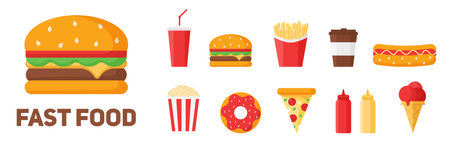 Fast food. Vector set. Hamburger, pizza, french fries, etc.のイラスト素材