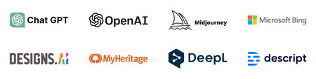 AI tools set. ChatGPT, OpenAI, Midjourney, Microsoft Bing, Designs AI, MyHeritage, Deepl, Descript. Vector. VINNITSA, UKRAINE - APRIL 22, 2022のeditorial素材