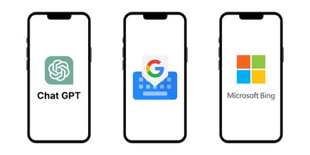 Chatbots on the screen of smartphones. ChatGPT, GBoard, Microsoft Bing . The best chat bots. AI technology. Vector. VINNITSA, UKRAINE - MAY 11, 2022のeditorial素材