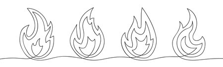 Fire in one line. Bonfire or flame. Explosion or fire concept. Continuous line style. Vector setのイラスト素材