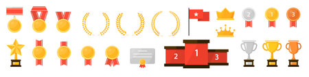 Winner's trophies and awards.Cups, medals, laurel wreaths, crowns, etc. Vector setのイラスト素材