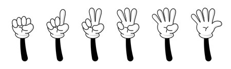 Numbers on retro cartoon fingers. Counting with hands wearing white gloves. Vectorのイラスト素材