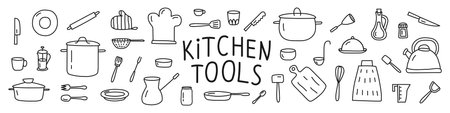 A set of kitchen tools. Doodle style. Vectorのイラスト素材