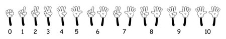 Numbers on retro cartoon fingers. Counting with hands wearing white gloves. Numbers from 1 to 10. Vectorのイラスト素材