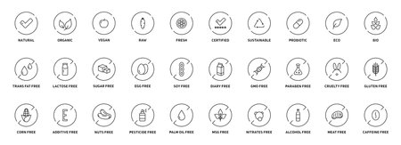 Natural products icons set. Organic. Eco-products. Without GMOs, allergens and other additives. Vectorのイラスト素材