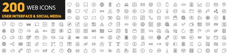 Set of 200 web icons. Set of user interface and social media icons. Linear style. Vector illustrationのイラスト素材