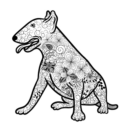 Illustration "Bullterrier dog" was created in doodling style in black and white colors.  Painted image is isolated on white background.  It  can be used for coloring books for adult.のイラスト素材