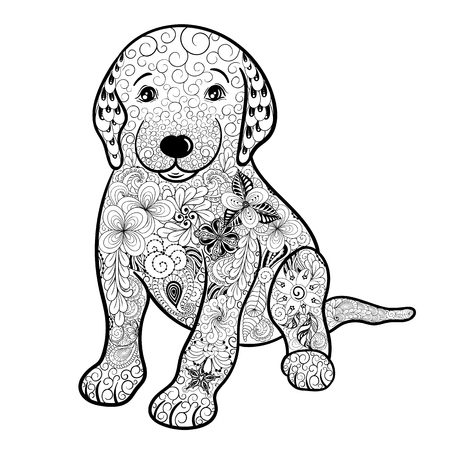 Illustration "Puppy" was created in doodling style in black and white colors.  Painted image is isolated on white background.のイラスト素材
