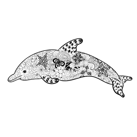 Illustration "Dolphin" was created in doodling style in black and white colors.  Painted image is isolated on white background.のイラスト素材
