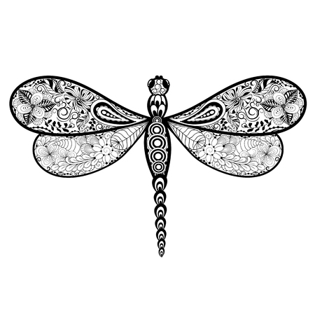 Illustration "Dragonfly" was created in doodling style in black and white colors.  Painted image is isolated on white background.のイラスト素材