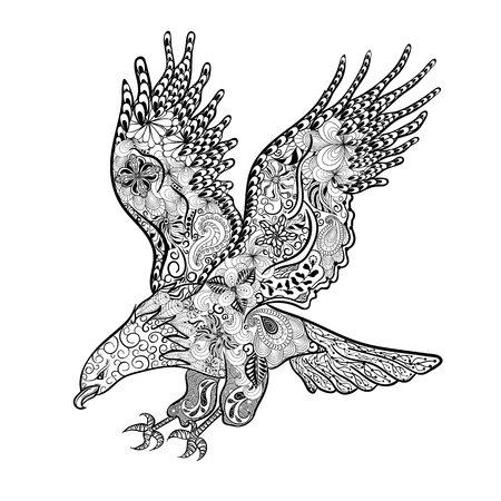 Hand drawn illustration "Eagle" was created in doodling style in black and white colors.  Painted image is isolated on white background.のイラスト素材