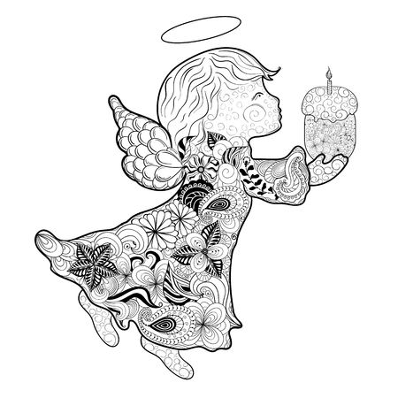 Illustration "Easter angel" was created in doodling style in black and white colors.  Painted image is isolated on white background. It  can be used as postcard.のイラスト素材