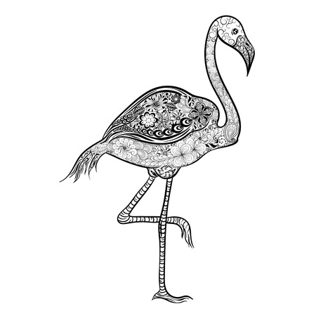 Illustration "Flamingo" was created in doodling style in black and white colors.  Painted image is isolated on white background.のイラスト素材