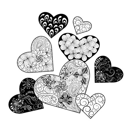 Illustration "Hearts" was created in doodling style in black and white colors. Painted image is isolated on white background. It  can be used as valentines card.のイラスト素材